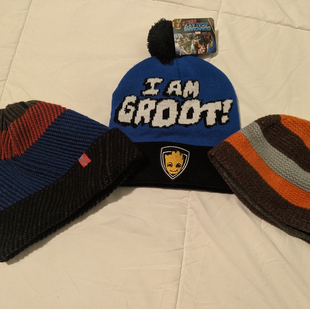 Lot of winter beanie hats.